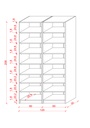 K-10 ikili kitaplık ölçü şeması: 208 cm yükseklik, 120 cm genişlik, 30 cm derinlik, raf içi 28,5 cm.