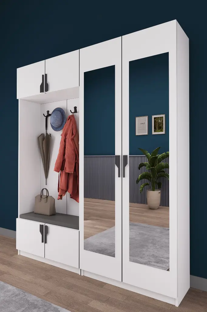 V-02 Aynalı Vestiyer ve Portmanto 180 cm Ayakkabılıklı Oturmalı