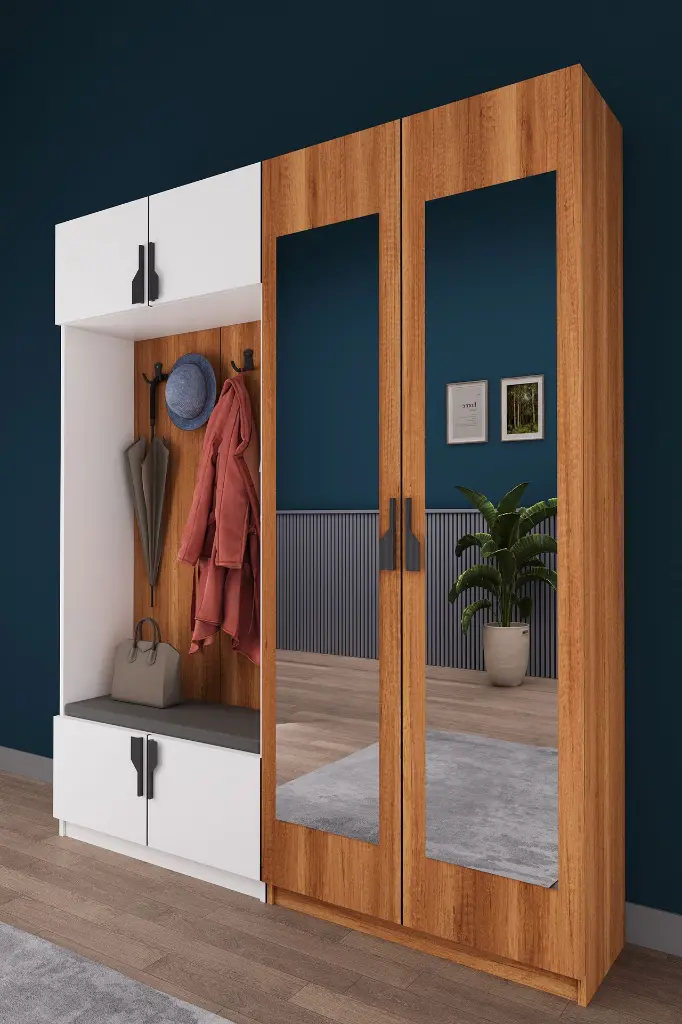 Aynalı Vestiyer ve Portmanto 180 cm Ayakkabılıklı Oturmalı V-02