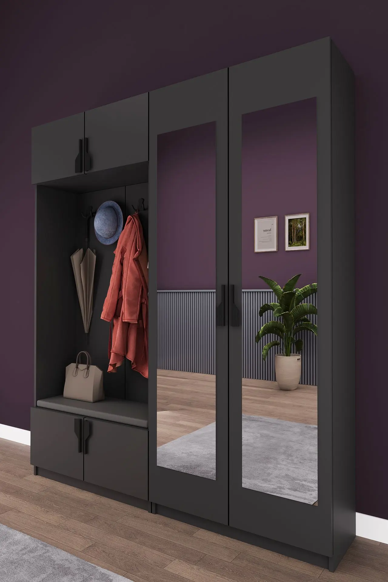 Aynalı Vestiyer ve Portmanto 180 cm Ayakkabılıklı Oturmalı V-02