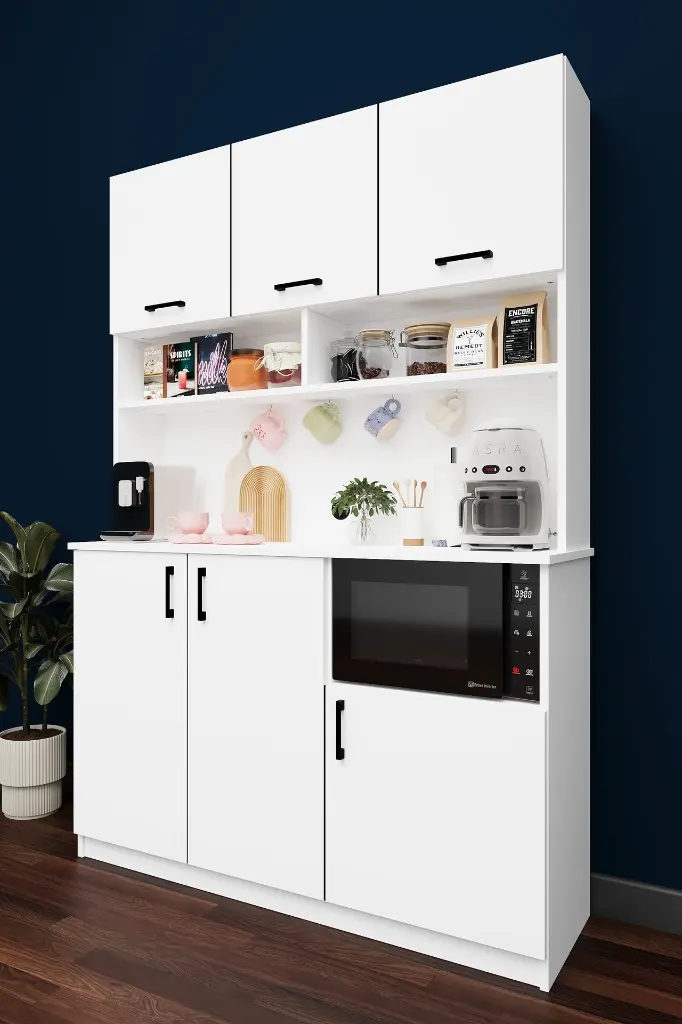 Modern Kahve Köşesi Dolabı 136 cm Mikrodalga Bölmeli %100 MDFLAM - KAHVE03 