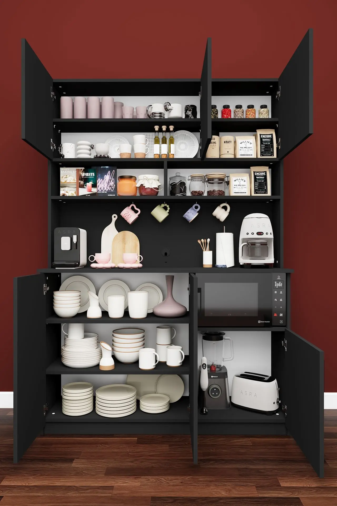 Modern Kahve Köşesi Dolabı 136 cm Mikrodalga Bölmeli %100 MDF - KAHVE03
