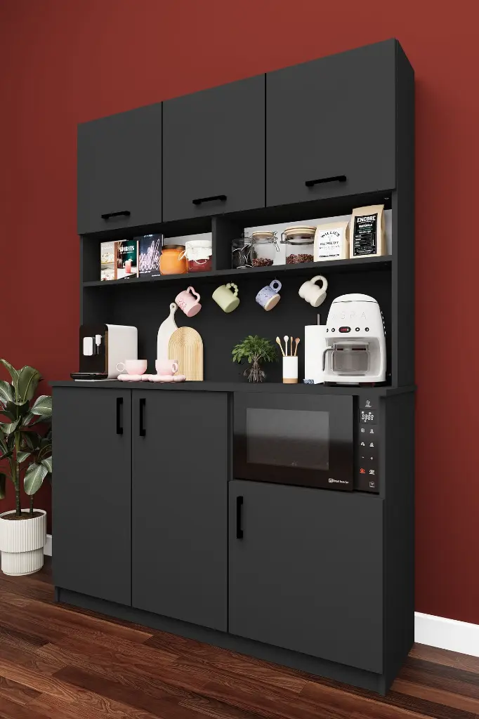 Modern Kahve Köşesi Dolabı 136 cm Mikrodalga Bölmeli %100 MDF - KAHVE03