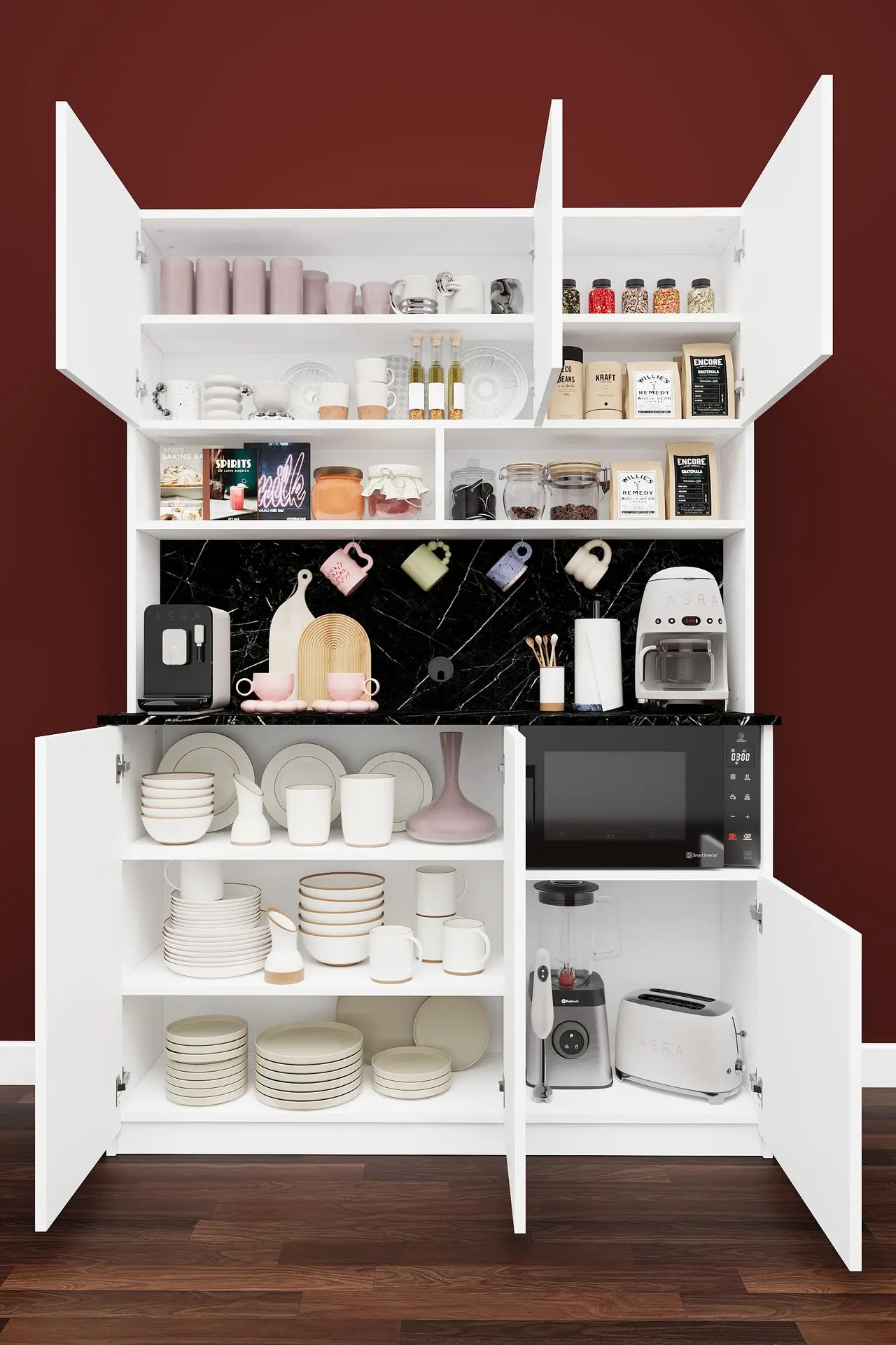 Modern Kahve Köşesi Dolabı 136 cm Mikrodalga Bölmeli %100 MDF - KAHVE03