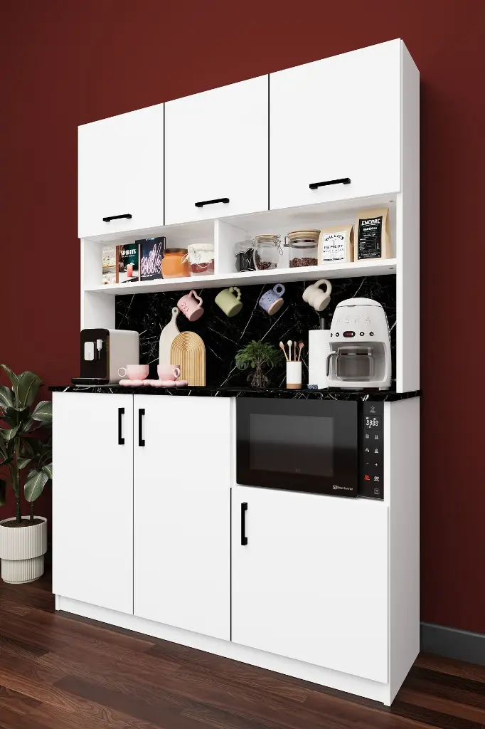 Modern Kahve Köşesi Dolabı 136 cm Mikrodalga Bölmeli %100 MDF - KAHVE03