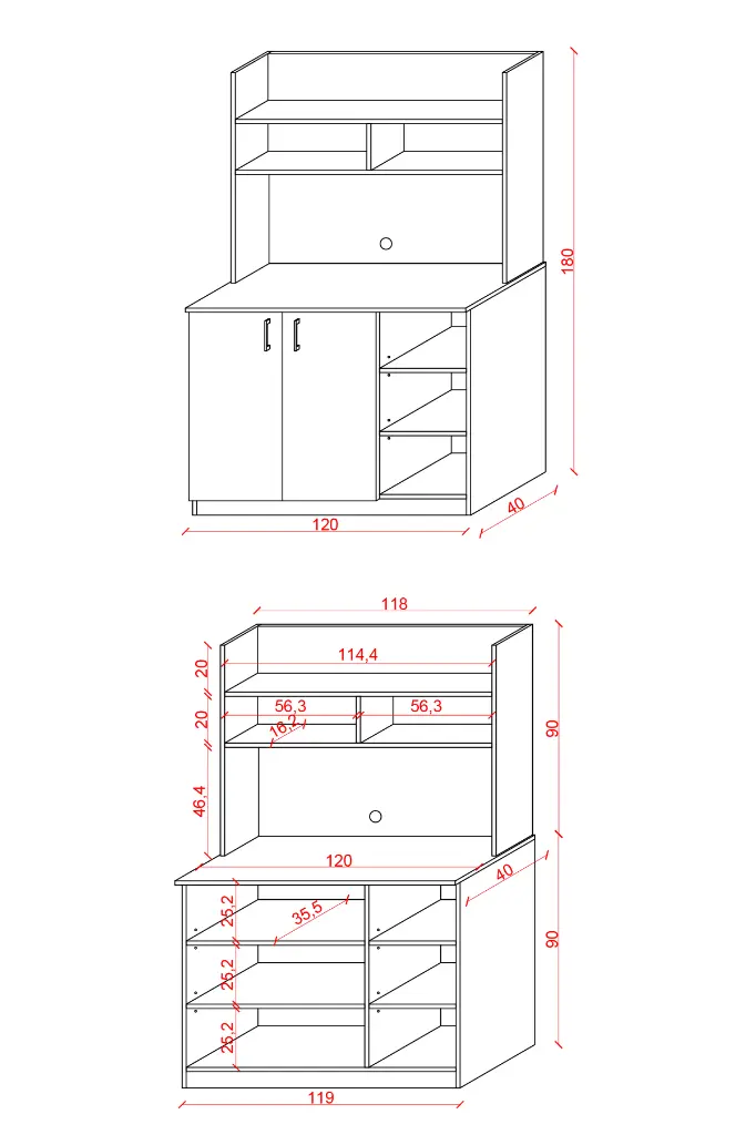 KAHVE02 ölçü şeması: 120x40x180 cm boyutlar, 114,4 cm üst raf, 56,3 cm bölme ve 25,2 cm raf aralıkları okunuyor.