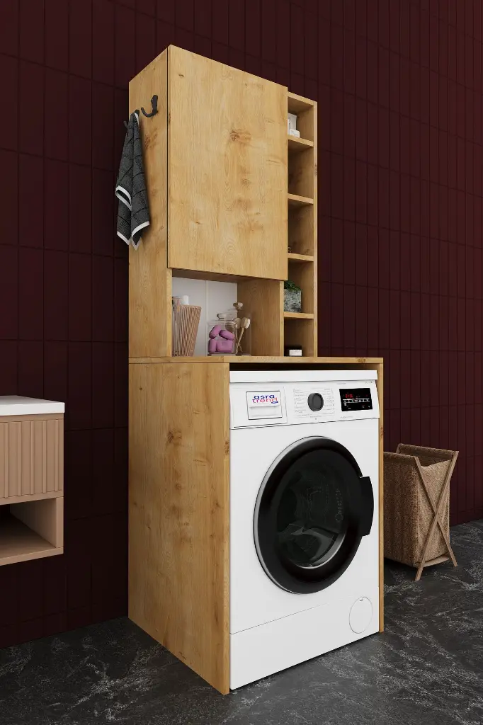 Çamaşır Makinesi Üstü Dolap Askı Kancalı Raflı Kapaklı 65x190 cm - BD-02
