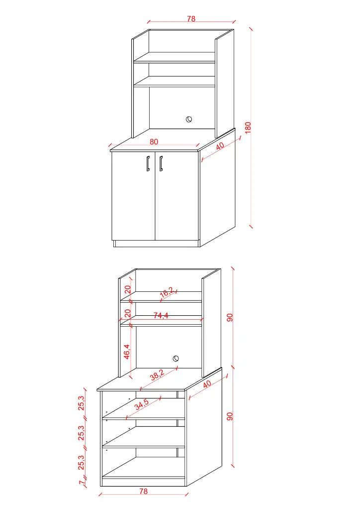 KAHVE01 dolabının üst ve alt parçalarını ayrı gösteren ölçü şeması; 78, 80, 180, 90, 40, 74,4 ve 25,3 cm değerleri okunuyor.