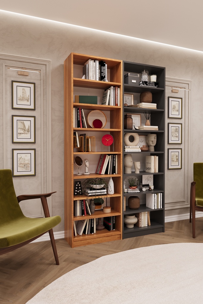 Petra ve koyu gri ikili kitaplık, yan yana iki modülün açık raflarında kitap ve dekoratif objelerle dolu bir salon düzeninde.