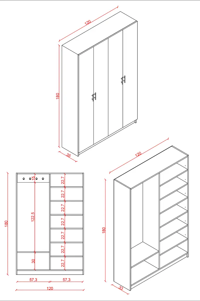 V-08 4 Kapaklı Vestiyer ve Portmanto 120 cm Ayakkabılıklı Askılıklı 