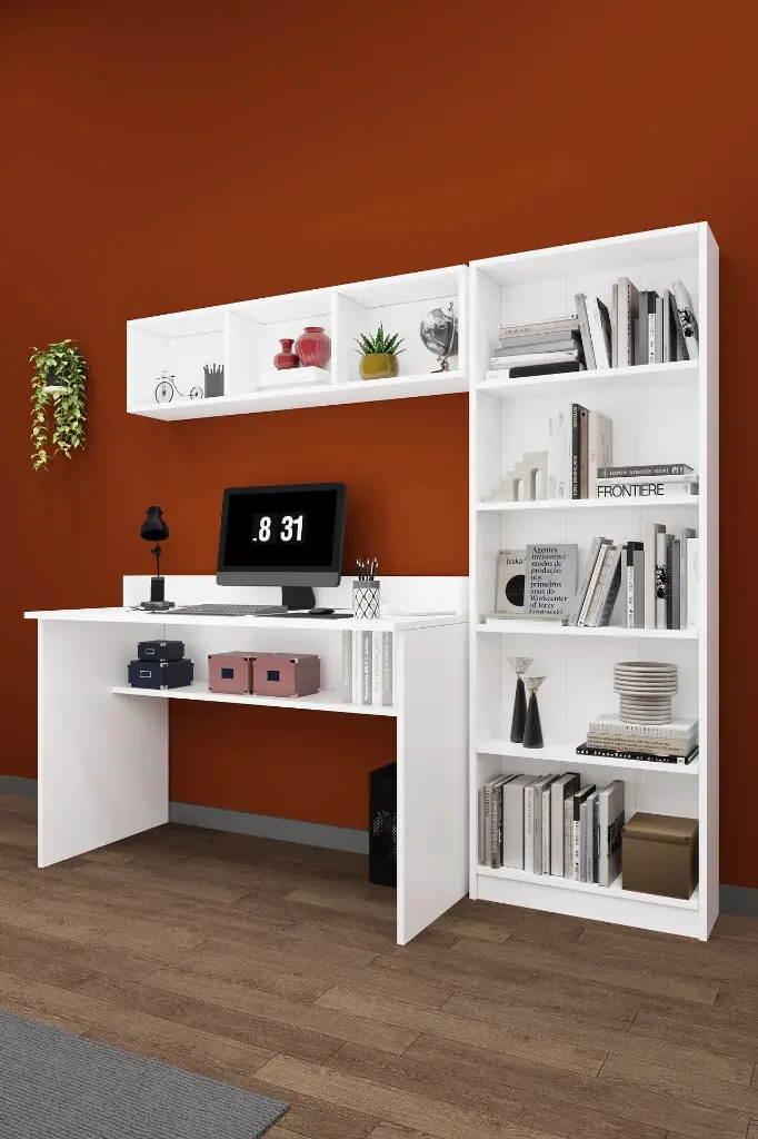 Kitaplıklı Çalışma Masası Seti 120 cm, 5 Raflı Kitaplık ve Duvar Rafı - ÇMT001