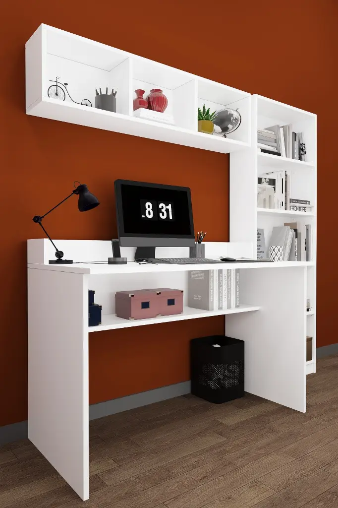 Kitaplıklı Çalışma Masası Seti 120 cm, 5 Raflı Kitaplık ve Duvar Rafı - ÇMT001