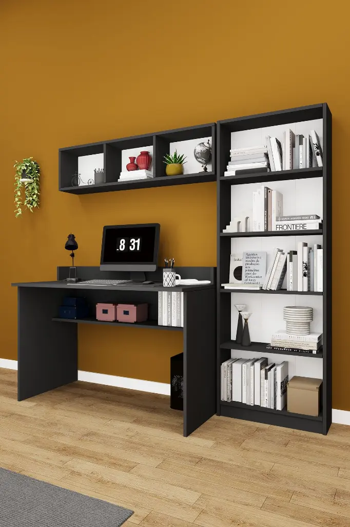 Kitaplıklı Çalışma Masası Seti 120 cm, 5 Raflı Kitaplık ve Duvar Rafı - ÇMT001