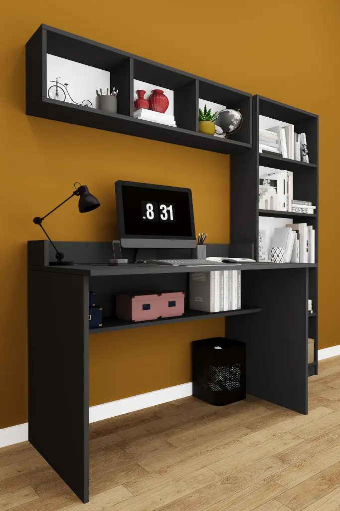 Kitaplıklı Çalışma Masası Seti 120 cm, 5 Raflı Kitaplık ve Duvar Rafı - ÇMT001