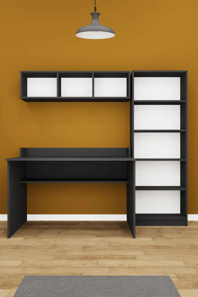 Kitaplıklı Çalışma Masası Seti 120 cm, 5 Raflı Kitaplık ve Duvar Rafı - ÇMT001
