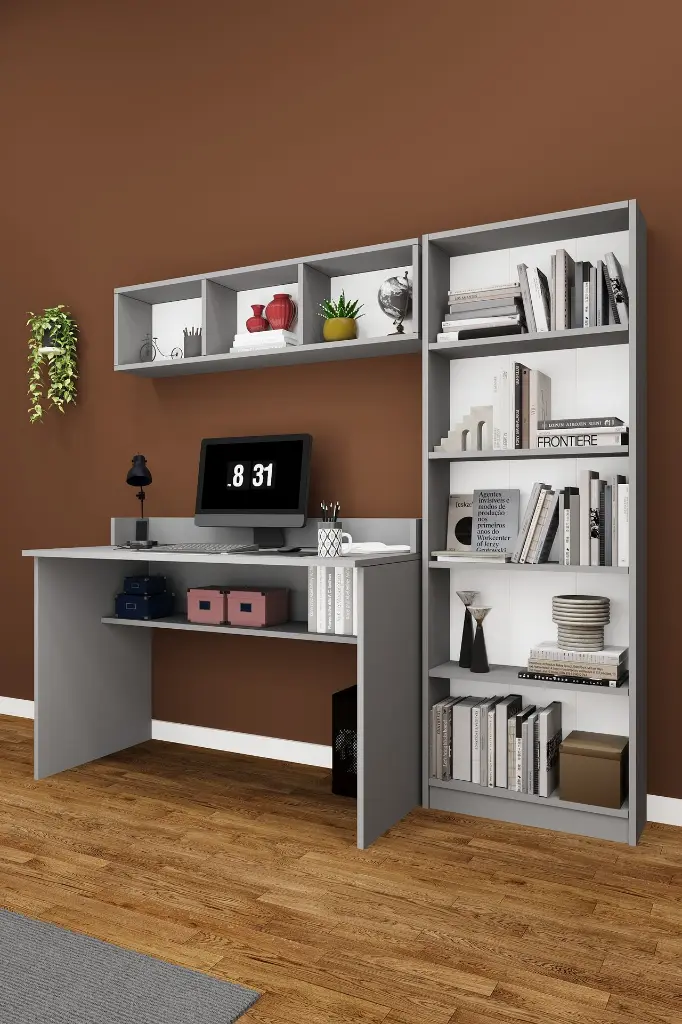 Kitaplıklı Çalışma Masası Seti 120 cm, 5 Raflı Kitaplık ve Duvar Rafı - ÇMT001