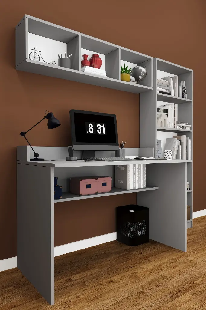 Kitaplıklı Çalışma Masası Seti 120 cm, 5 Raflı Kitaplık ve Duvar Rafı - ÇMT001