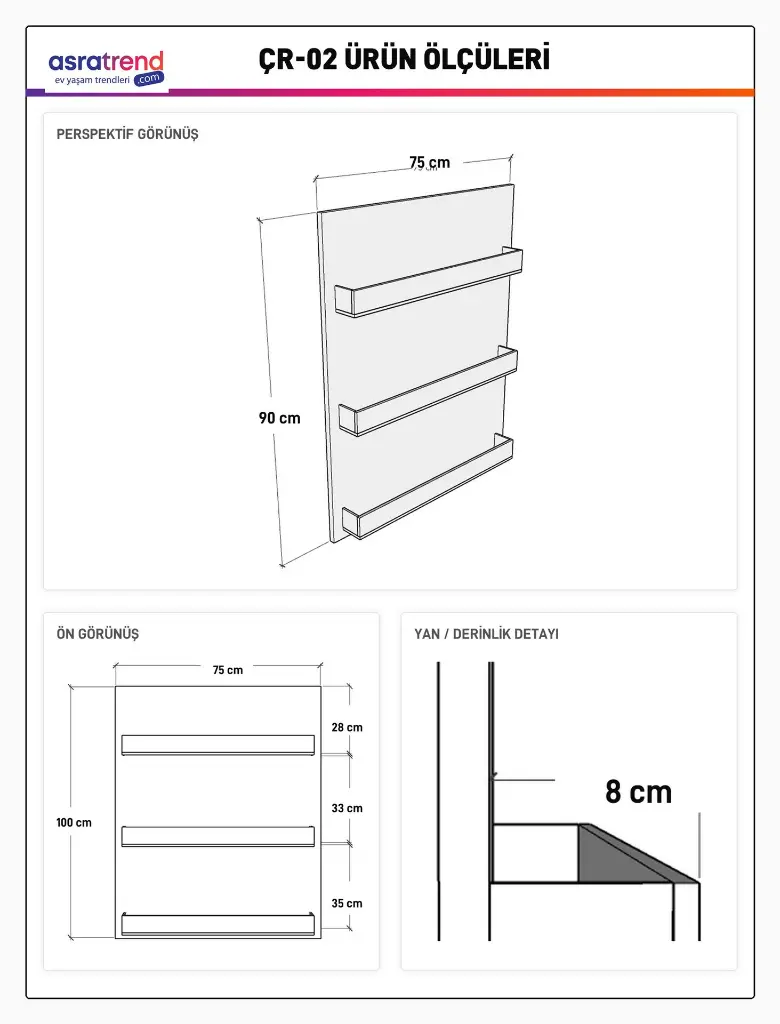 Çocuk Kitaplığı 75 cm Duvara Monte 3 Katlı Kitap Rafı - ÇR-02 