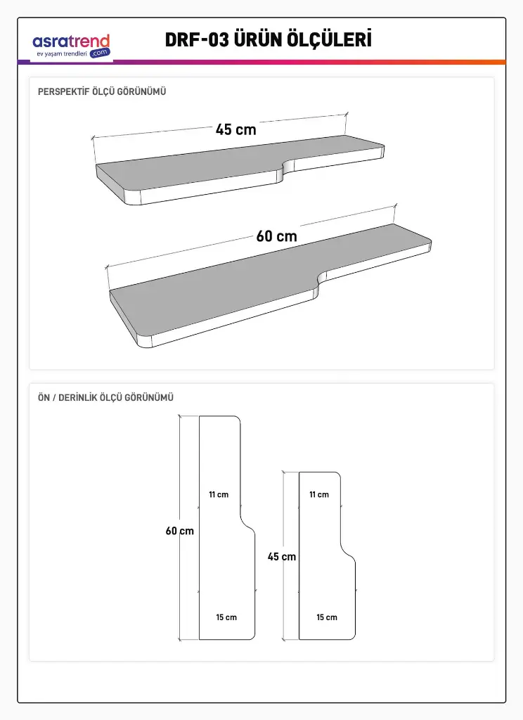 DRF-03 ölçü şeması: perspektif görünümde 45 ve 60 cm genişlikler, önden bakışta 11 ve 15 cm derinlik değerleri yer alıyor.