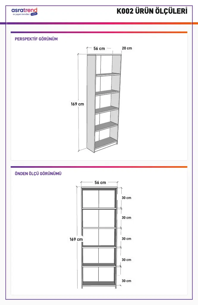 K002 kitaplık ölçü şeması: perspektif ve önden görünümde 56 cm genişlik, 20 cm derinlik, 169 cm yükseklik ve 30 cm raf aralıkları belirtilmiş.