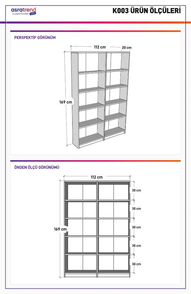 Raflı Kitaplık 169 cm Çift Modül Kapaksız Geniş Kitaplık K003 