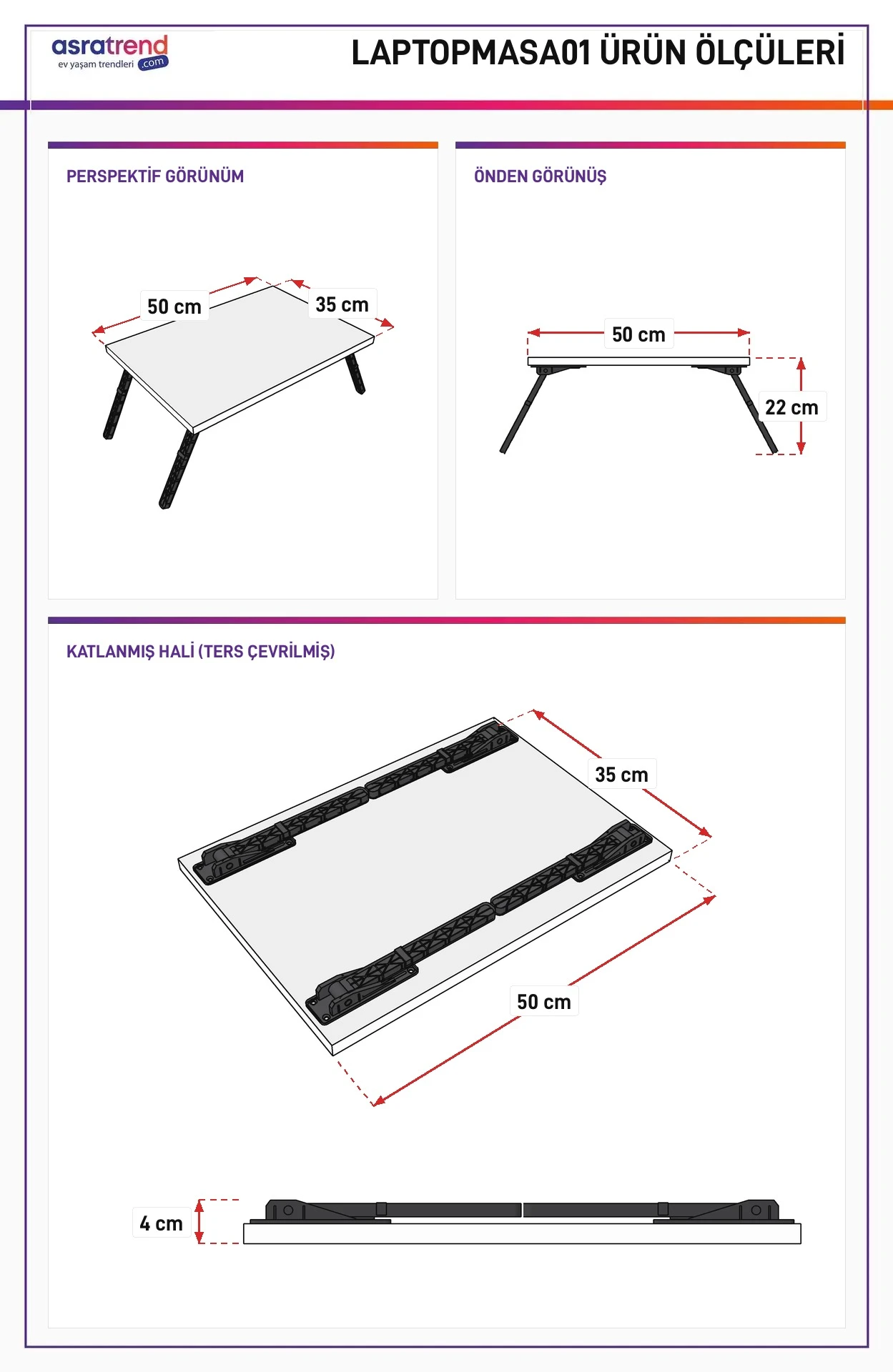 LAPTOPMASA01 ölçü şeması: tabla 50x35 cm, yükseklik 22 cm, katlanınca 4 cm