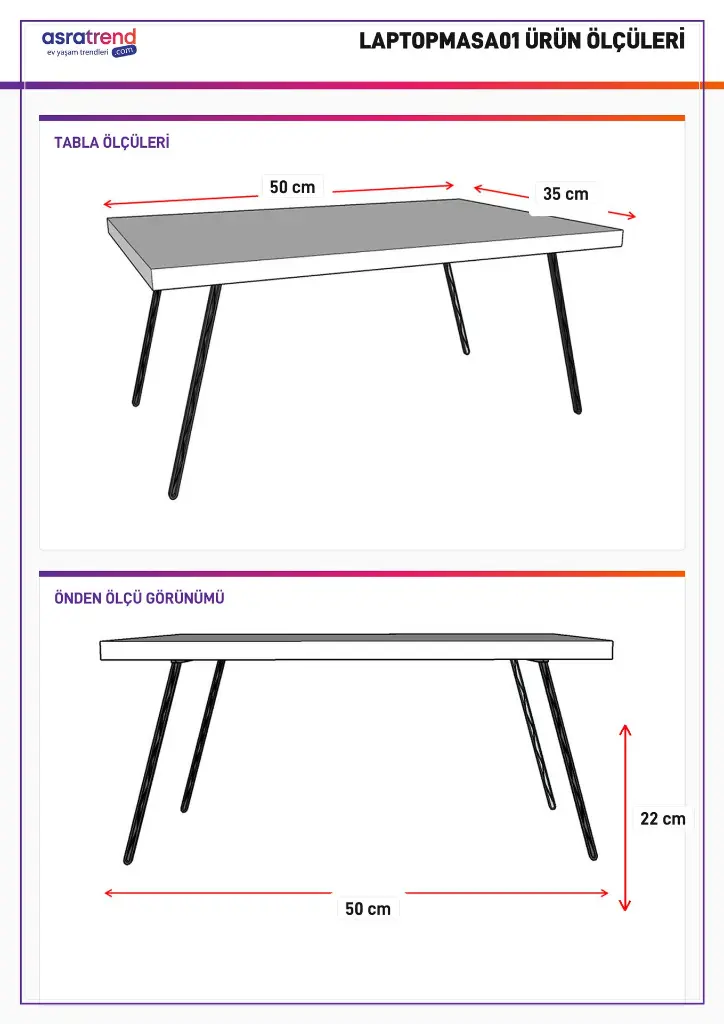 LAPTOPMASA01 ölçü şeması: tabla 50x35 cm, yükseklik 22 cm; üstten ve önden görünümlerde okunan rakamlar