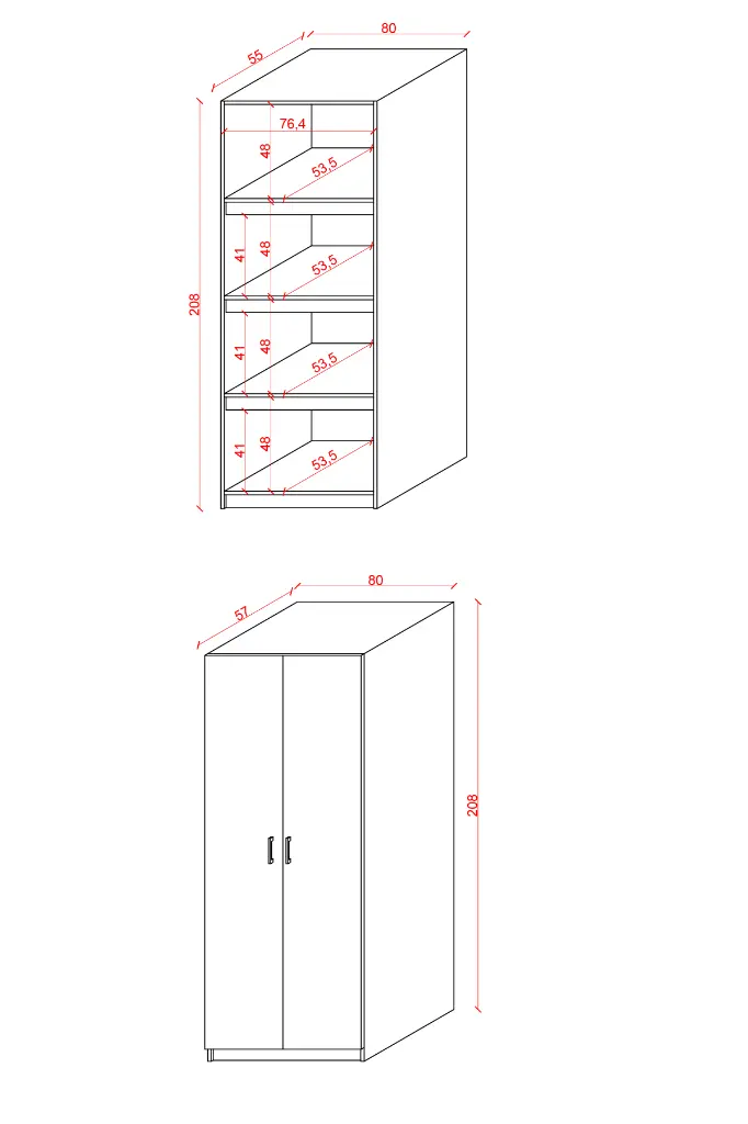 YK-01 ölçü şeması: 80x57x208 cm dolap, iç bölme derinliği 53,5 cm, kapalı ve açık hâliyle teknik çizim.