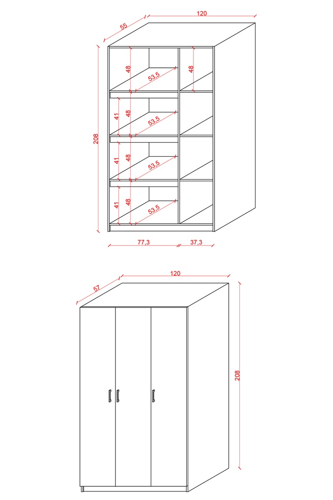 YK-02 yüklük dolabı ölçü şeması: 120x57x208 cm boyutlar, 77,3 ve 37,3 cm iç genişlikler, 53,5 cm raf derinlikleri.