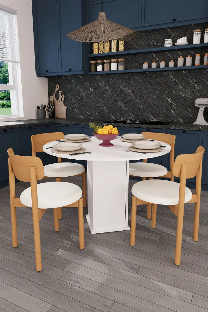 Yuvarlak Yemek Masası Takımı 4 Kişilik 90 cm Dolaplı Masa ve 4 Sandalye - YMT-04