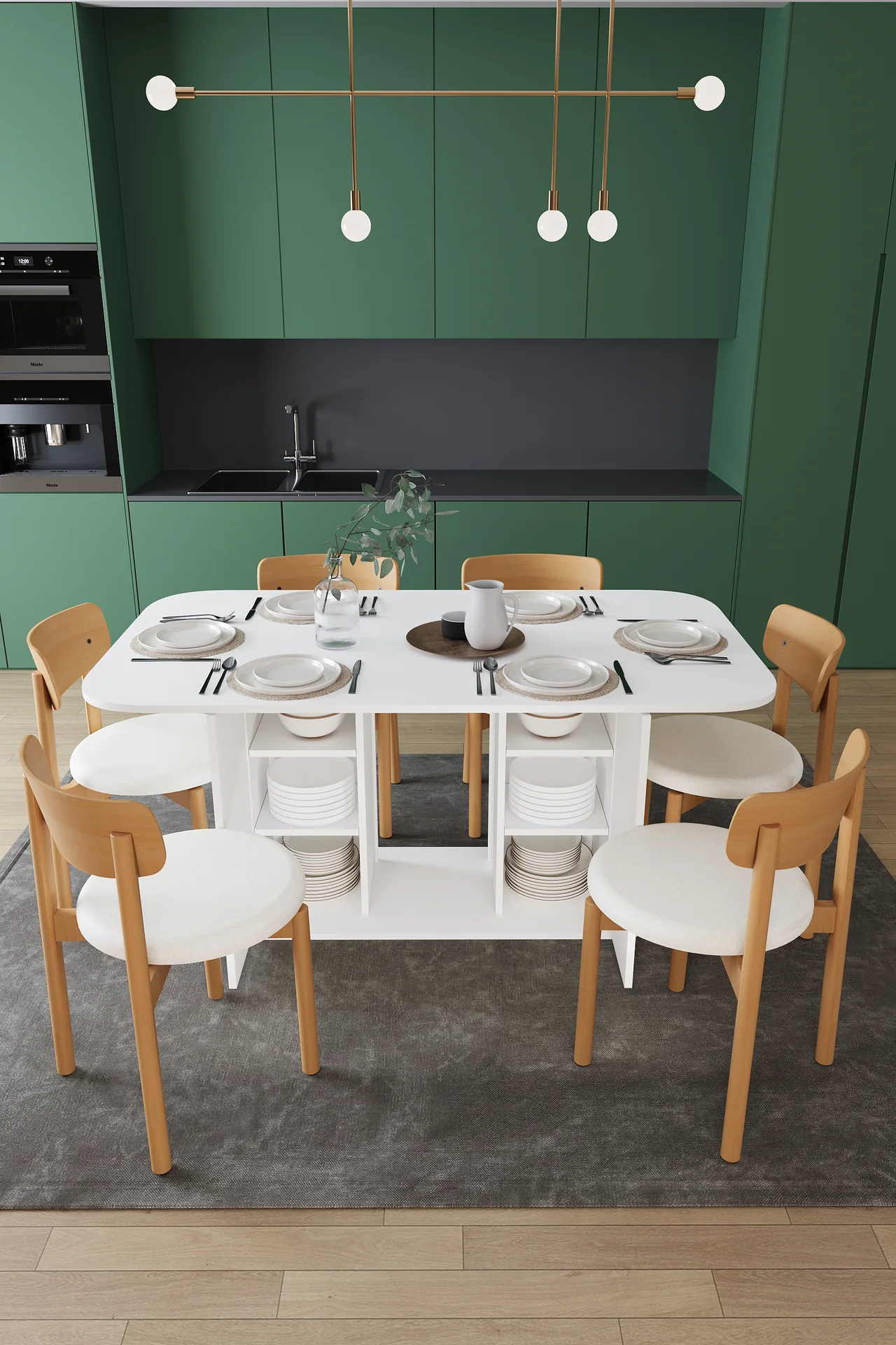 6 Kişilik Yemek Masası Takımı 160x90 cm Dolaplı Masa ve 6 Sandalye - YMT-06