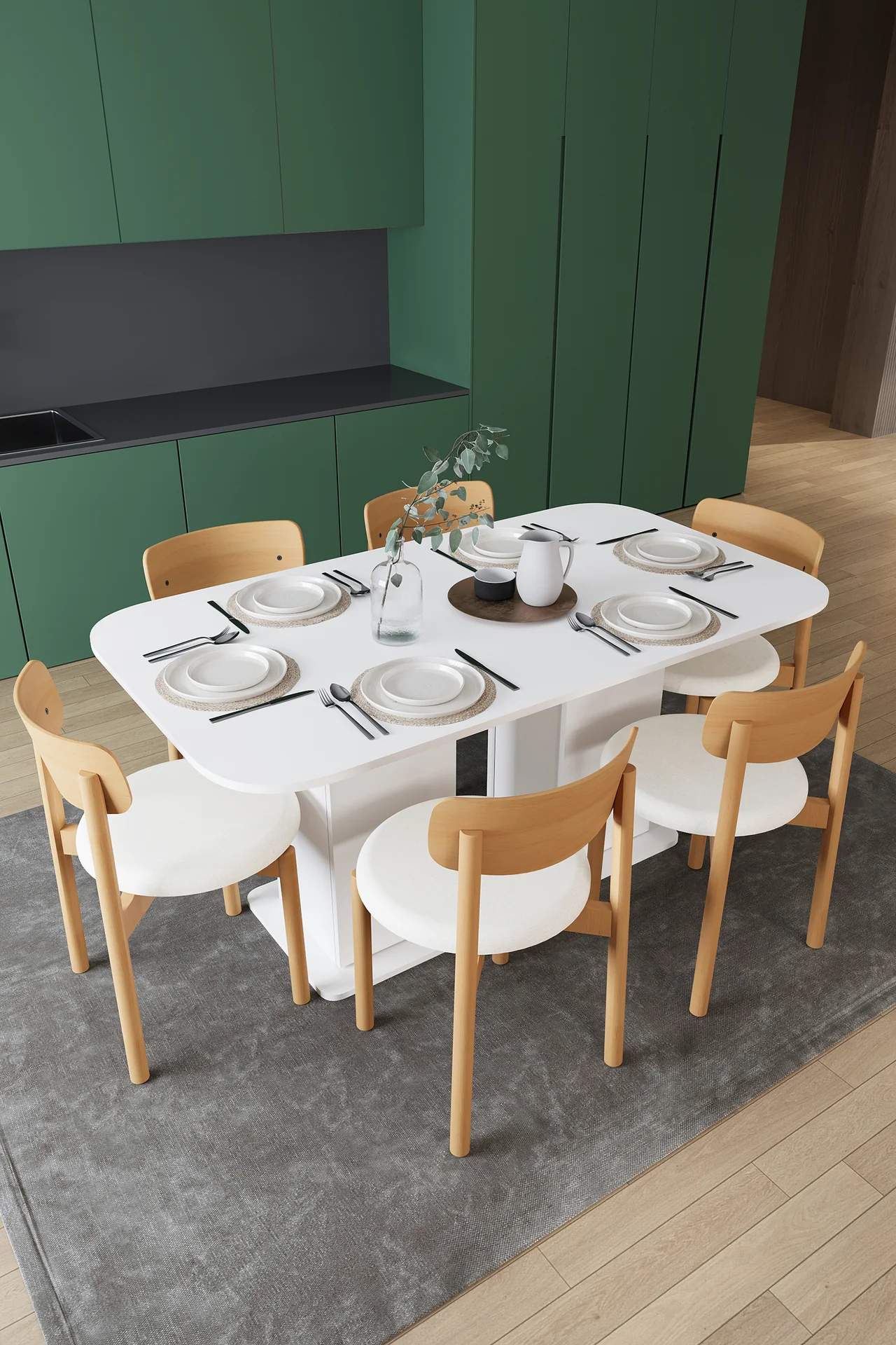6 Kişilik Yemek Masası Takımı 160x90 cm Dolaplı Masa ve 6 Sandalye - YMT-06