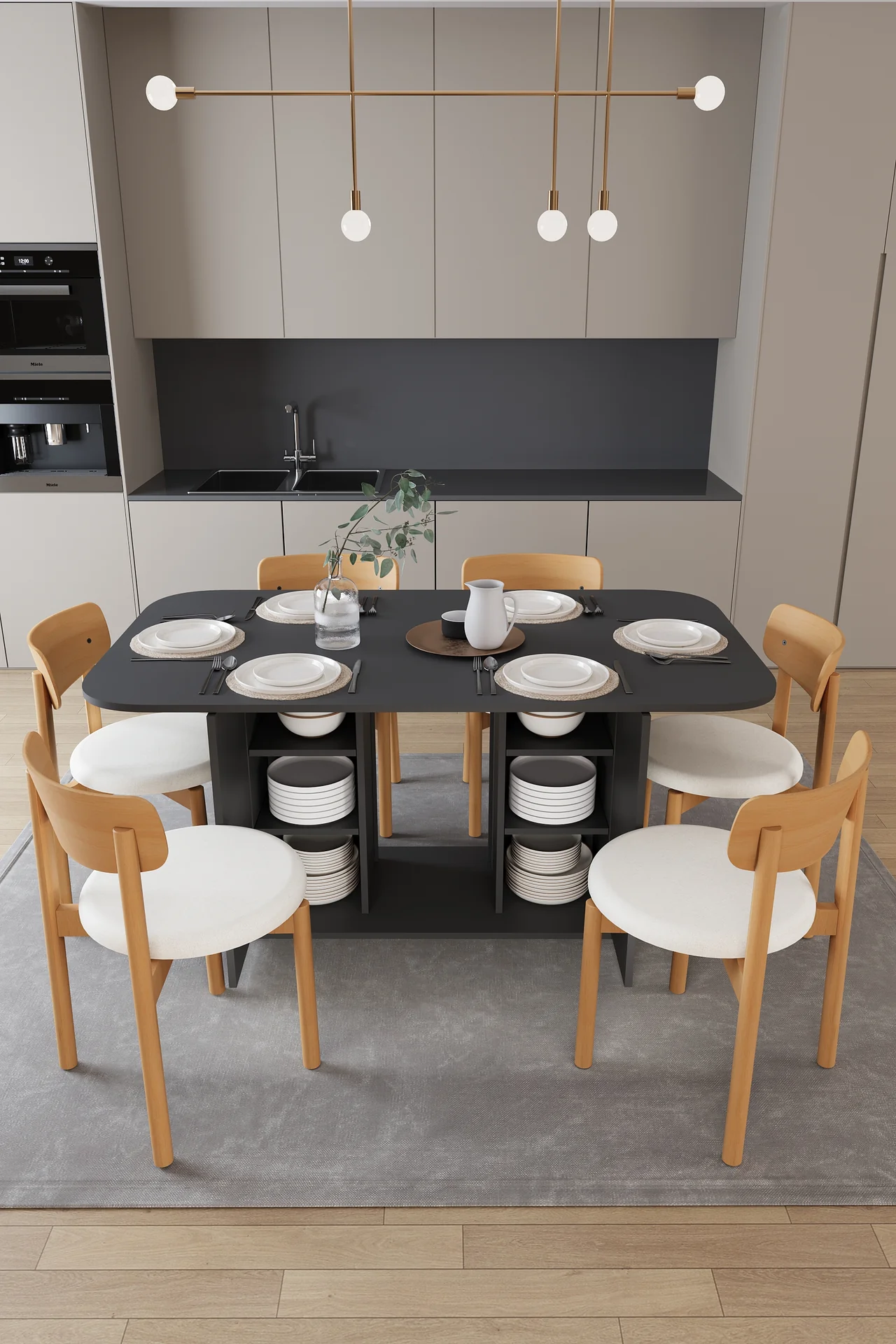 6 Kişilik Yemek Masası Takımı 160x90 cm Dolaplı Masa ve 6 Sandalye - YMT-06