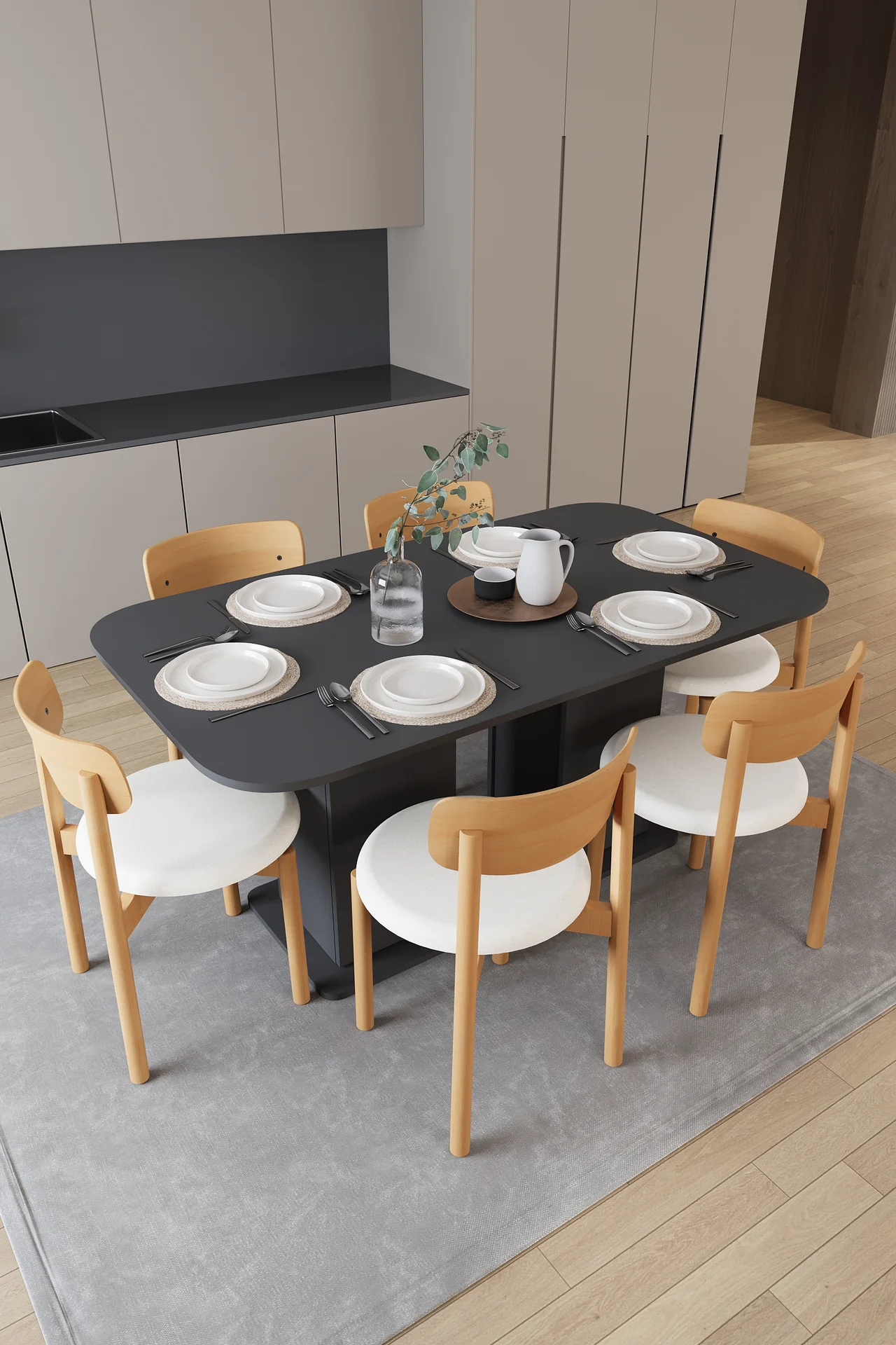6 Kişilik Yemek Masası Takımı 160x90 cm Dolaplı Masa ve 6 Sandalye - YMT-06