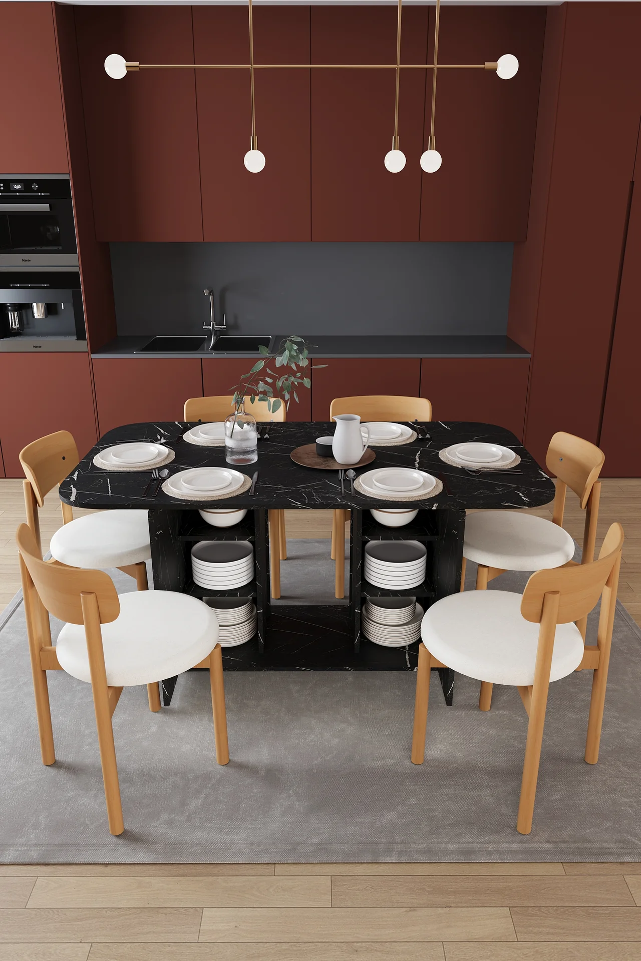 6 Kişilik Yemek Masası Takımı 160x90 cm Dolaplı Masa ve 6 Sandalye - YMT-06