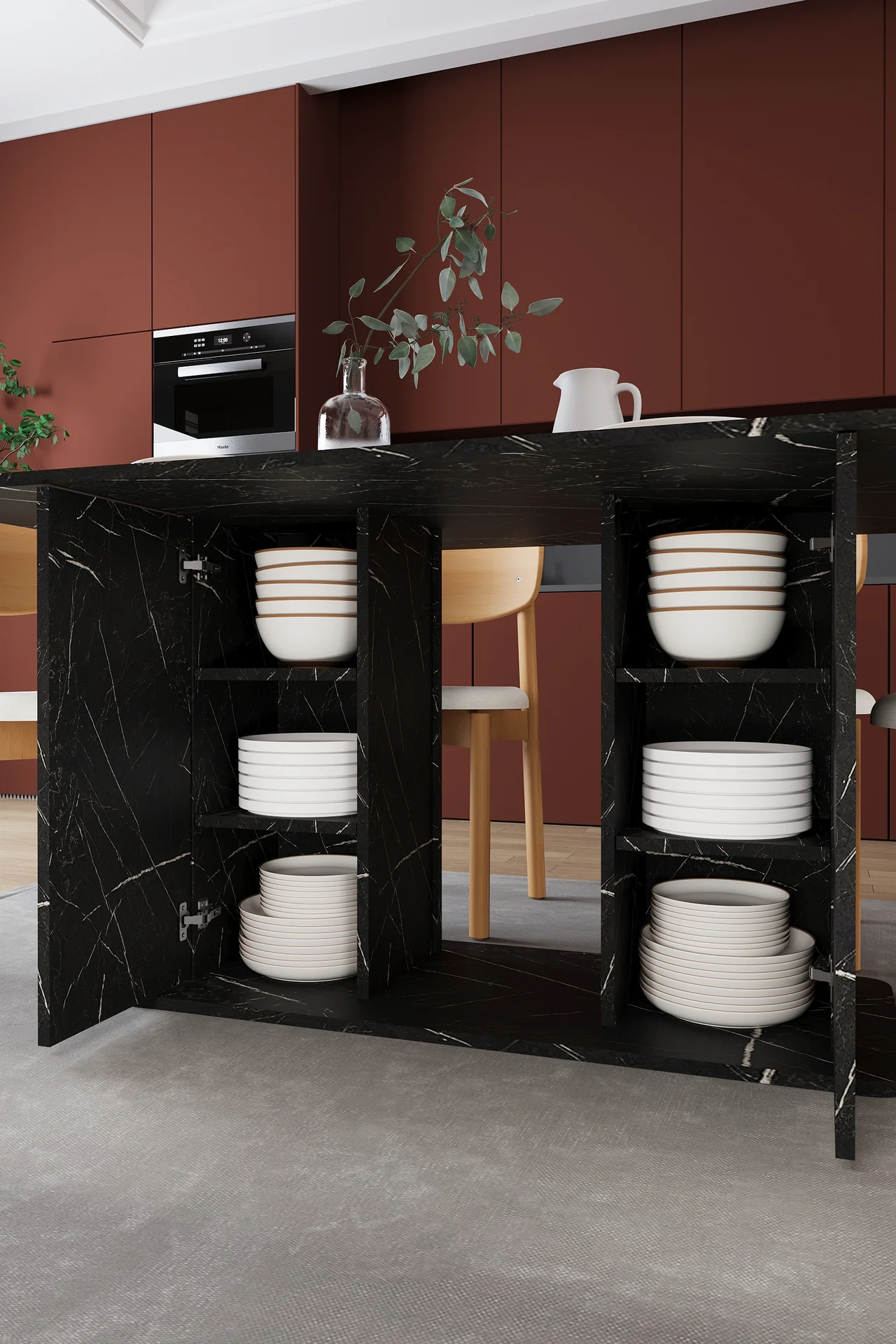 6 Kişilik Yemek Masası Takımı 160x90 cm Dolaplı Masa ve 6 Sandalye - YMT-06