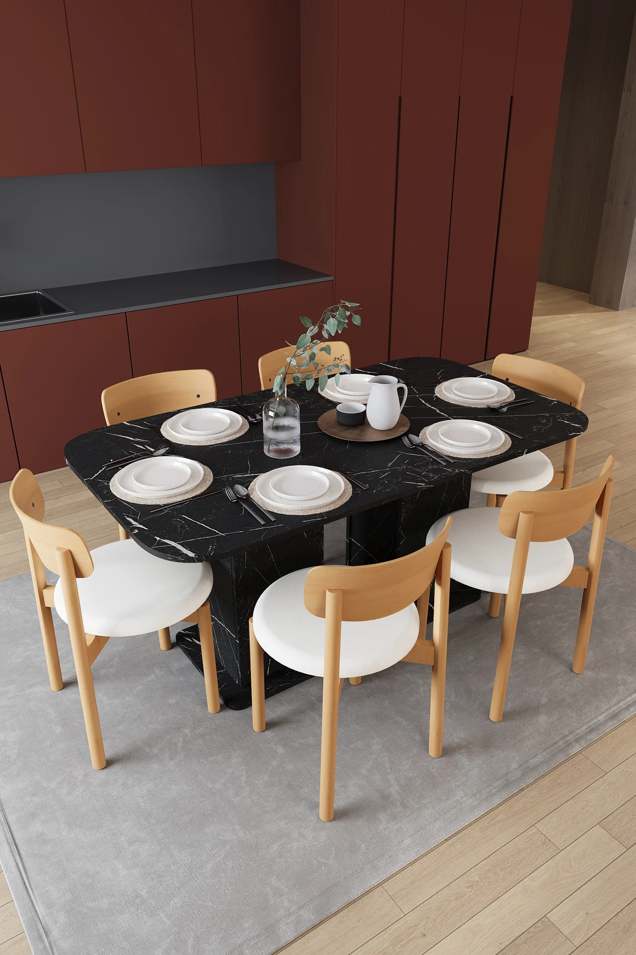 6 Kişilik Yemek Masası Takımı 160x90 cm Dolaplı Masa ve 6 Sandalye - YMT-06