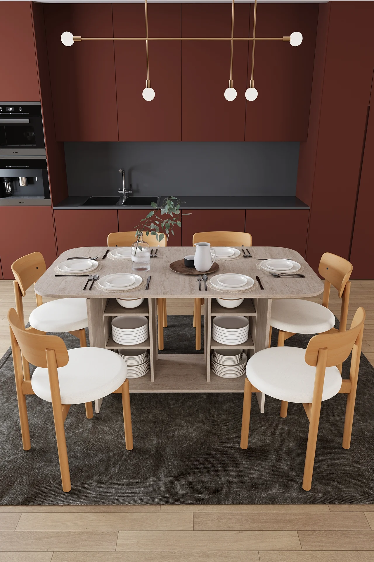 6 Kişilik Yemek Masası Takımı 160x90 cm Dolaplı Masa ve 6 Sandalye - YMT-06
