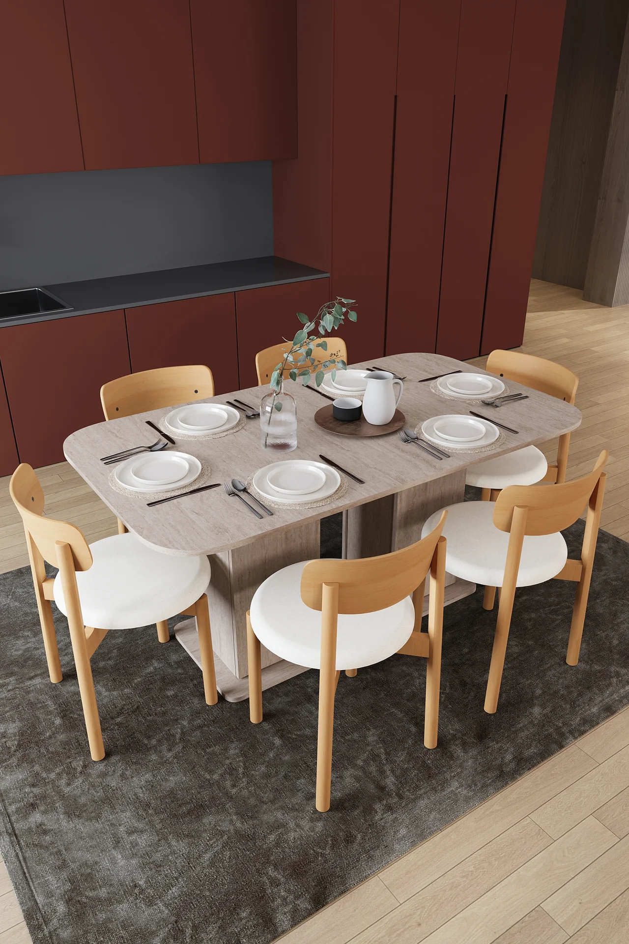 6 Kişilik Yemek Masası Takımı 160x90 cm Dolaplı Masa ve 6 Sandalye - YMT-06