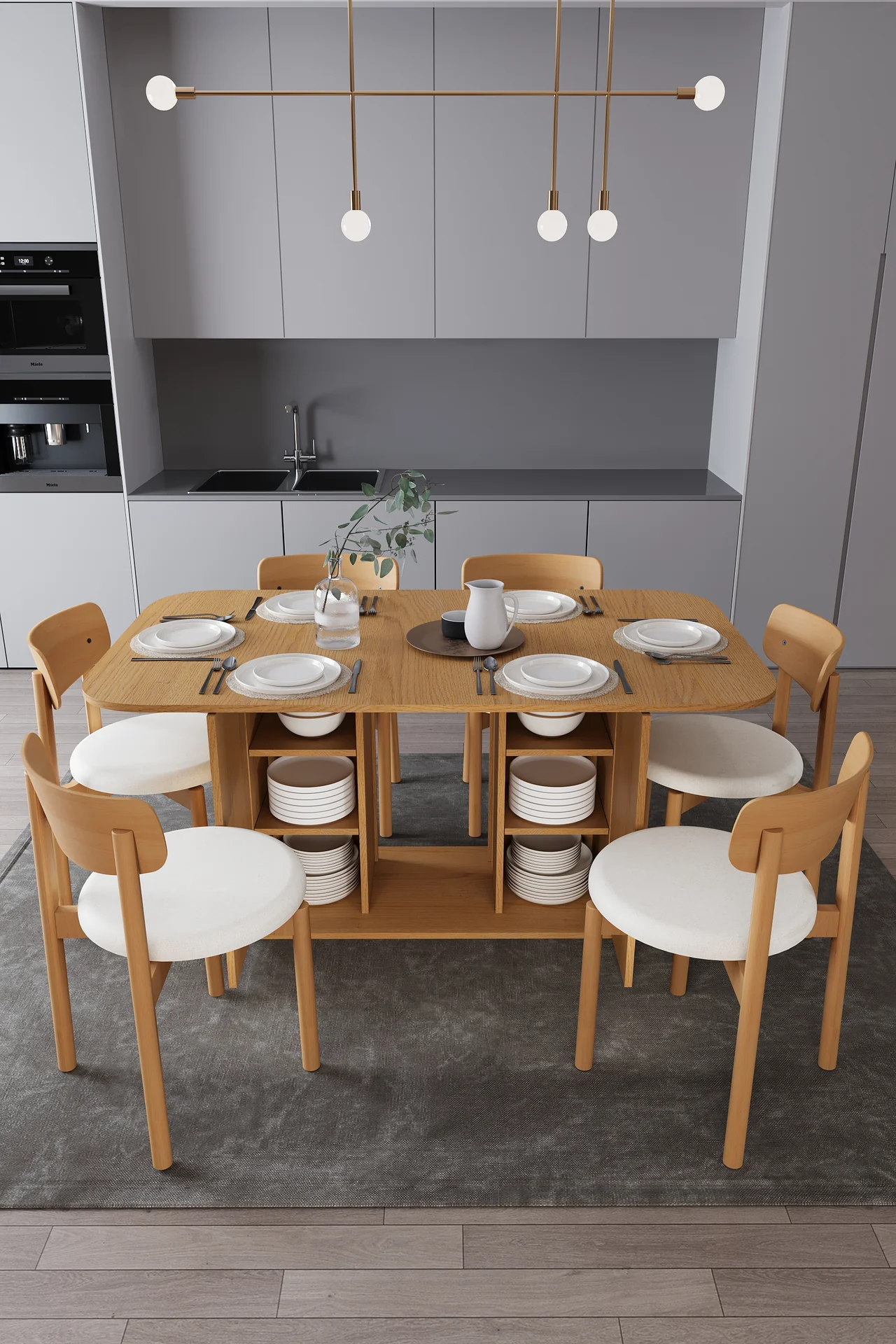 6 Kişilik Yemek Masası Takımı 160x90 cm Dolaplı Masa ve 6 Sandalye - YMT-06