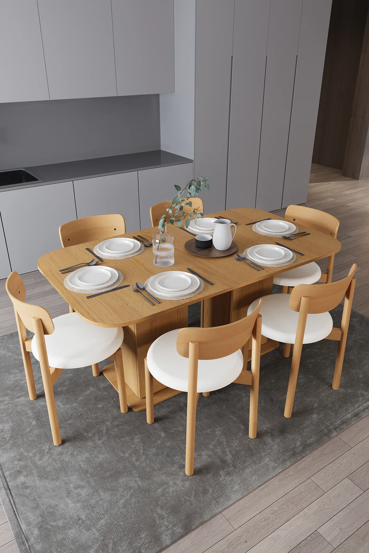 6 Kişilik Yemek Masası Takımı 160x90 cm Dolaplı Masa ve 6 Sandalye - YMT-06