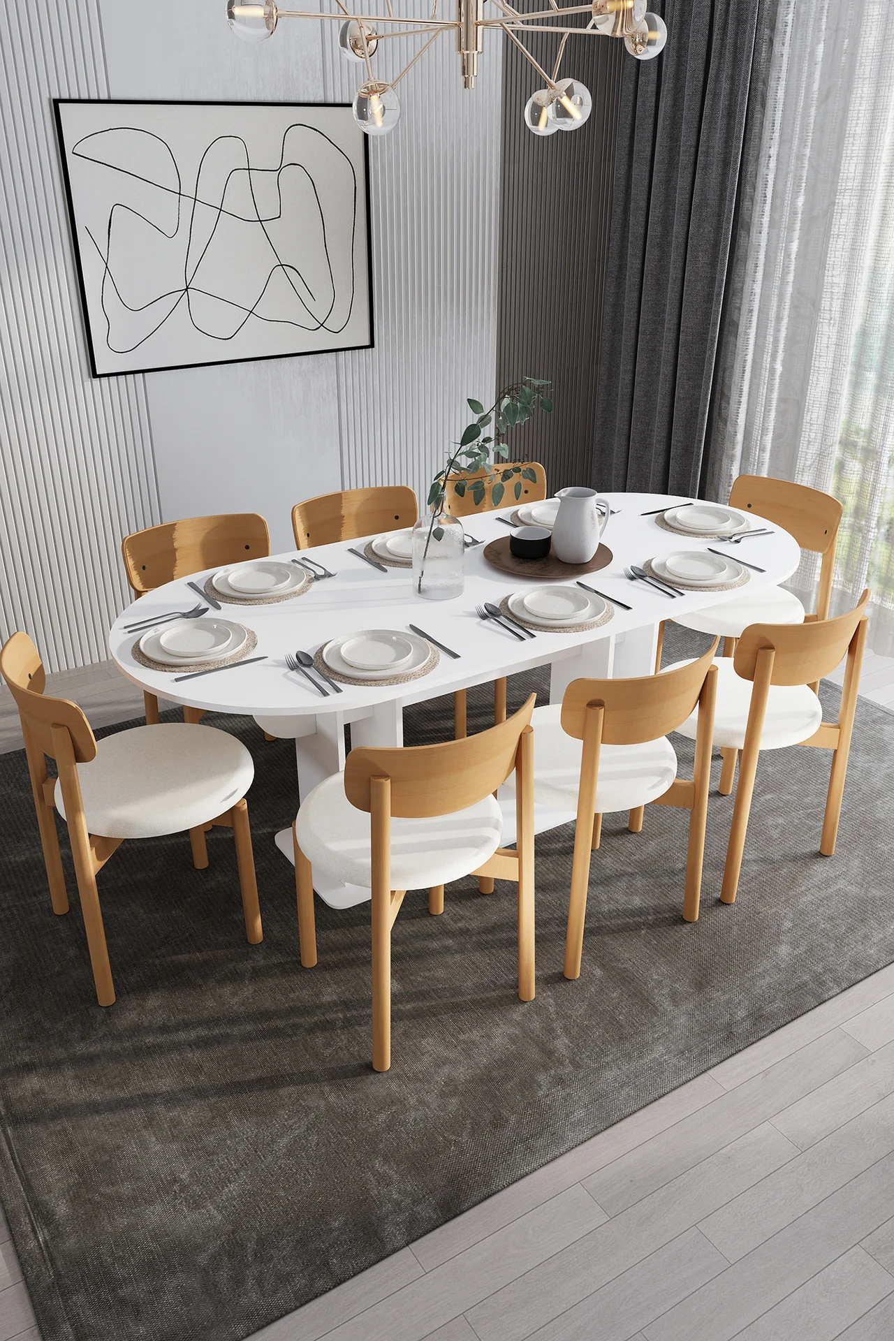 8 Kişilik Yemek Masası Takımı Oval 200x90 cm Masa ve 8 Sandalye - YMT-08
