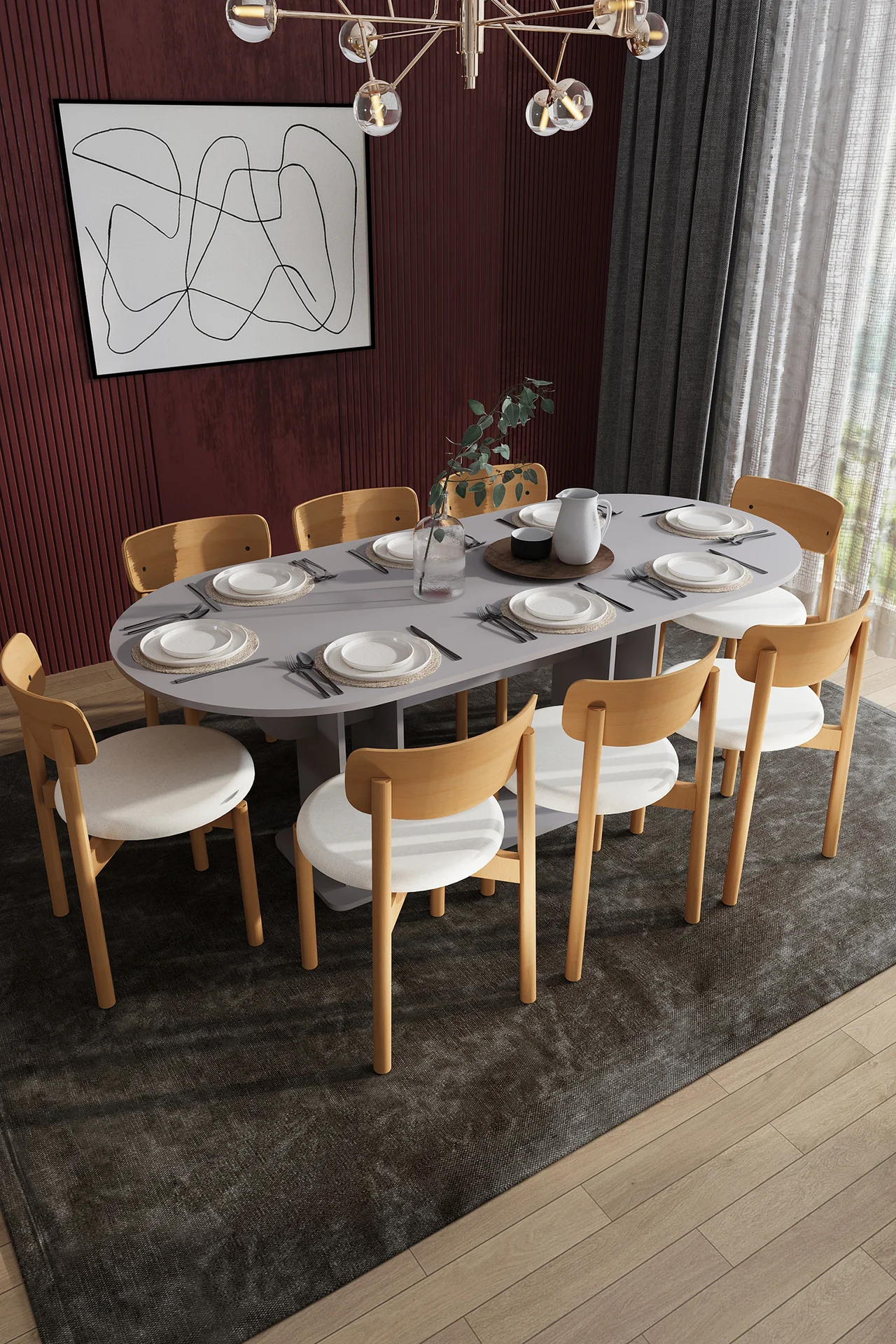 8 Kişilik Yemek Masası Takımı Oval 200x90 cm Masa ve 8 Sandalye - YMT-08