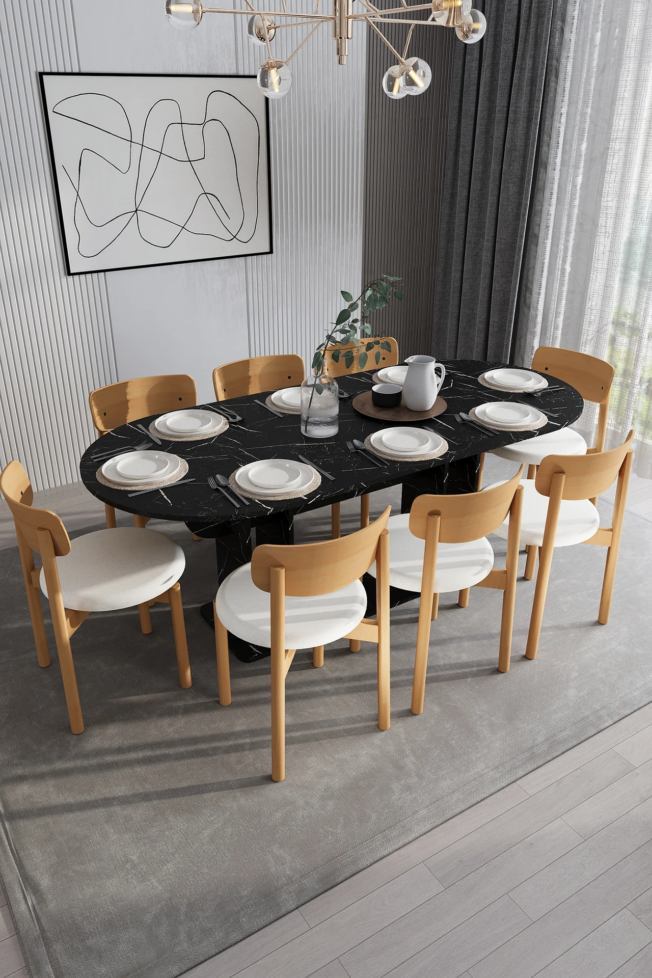 8 Kişilik Yemek Masası Takımı Oval 200x90 cm Masa ve 8 Sandalye - YMT-08