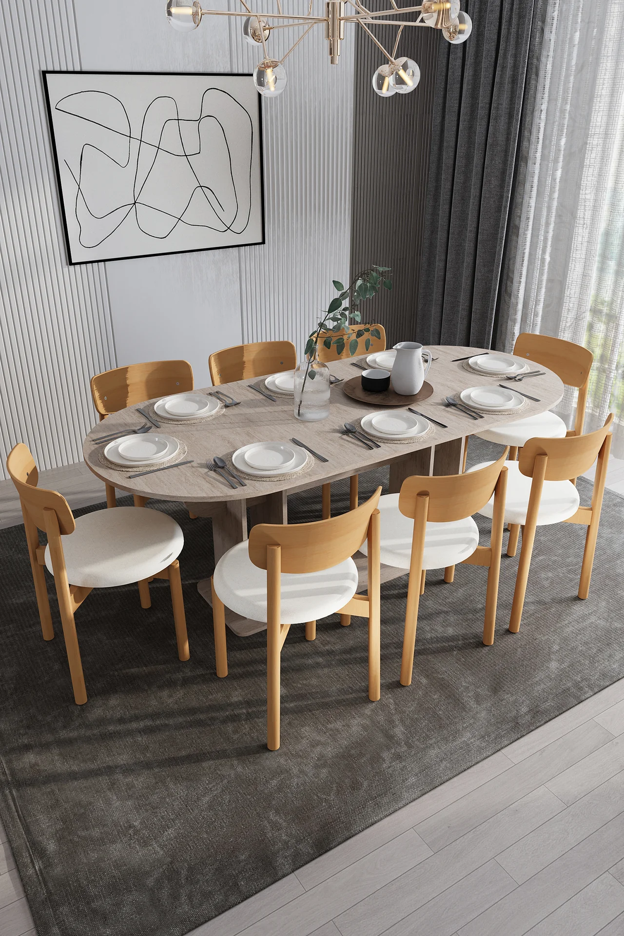 8 Kişilik Yemek Masası Takımı Oval 200x90 cm Masa ve 8 Sandalye - YMT-08