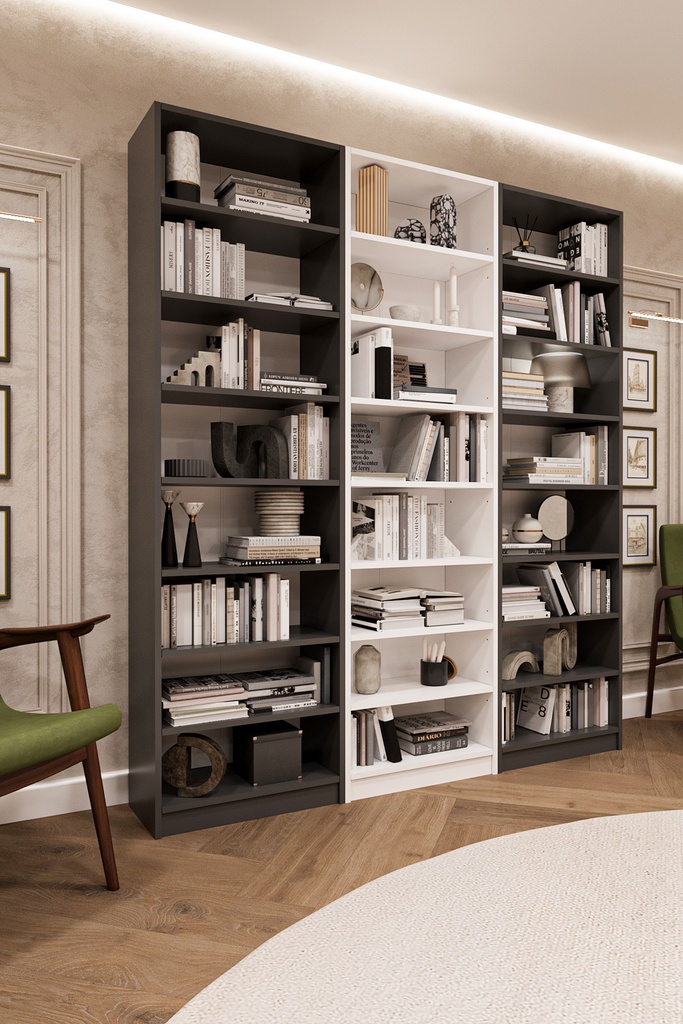 Raflı Kitaplık Üç Modül Büyük Koyu Gri Beyaz Model K-28 