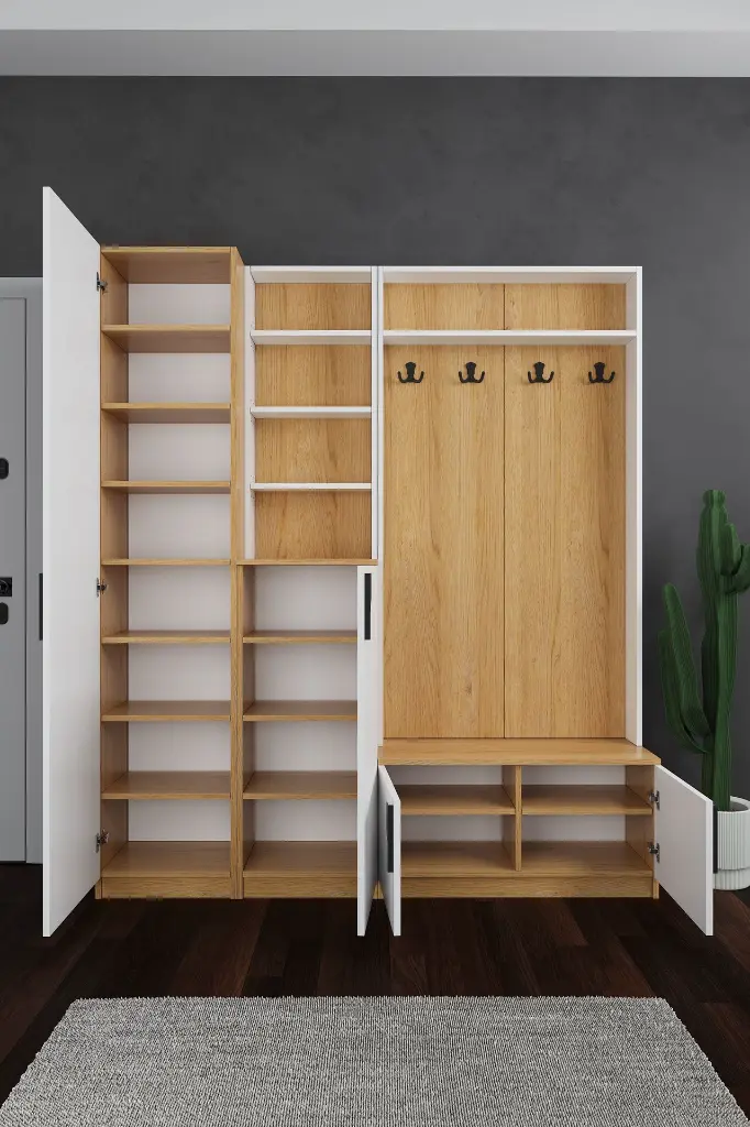 Aynalı Vestiyer ve Portmanto 180 cm Ayakkabılıklı Raflı V-03