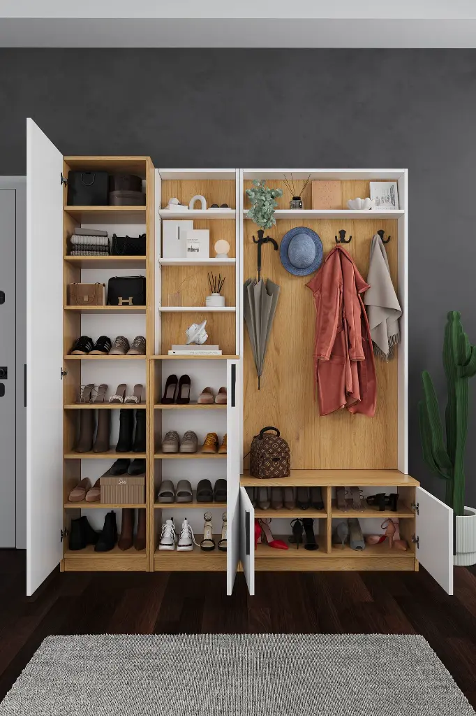 Aynalı Vestiyer ve Portmanto 180 cm Ayakkabılıklı Raflı V-03