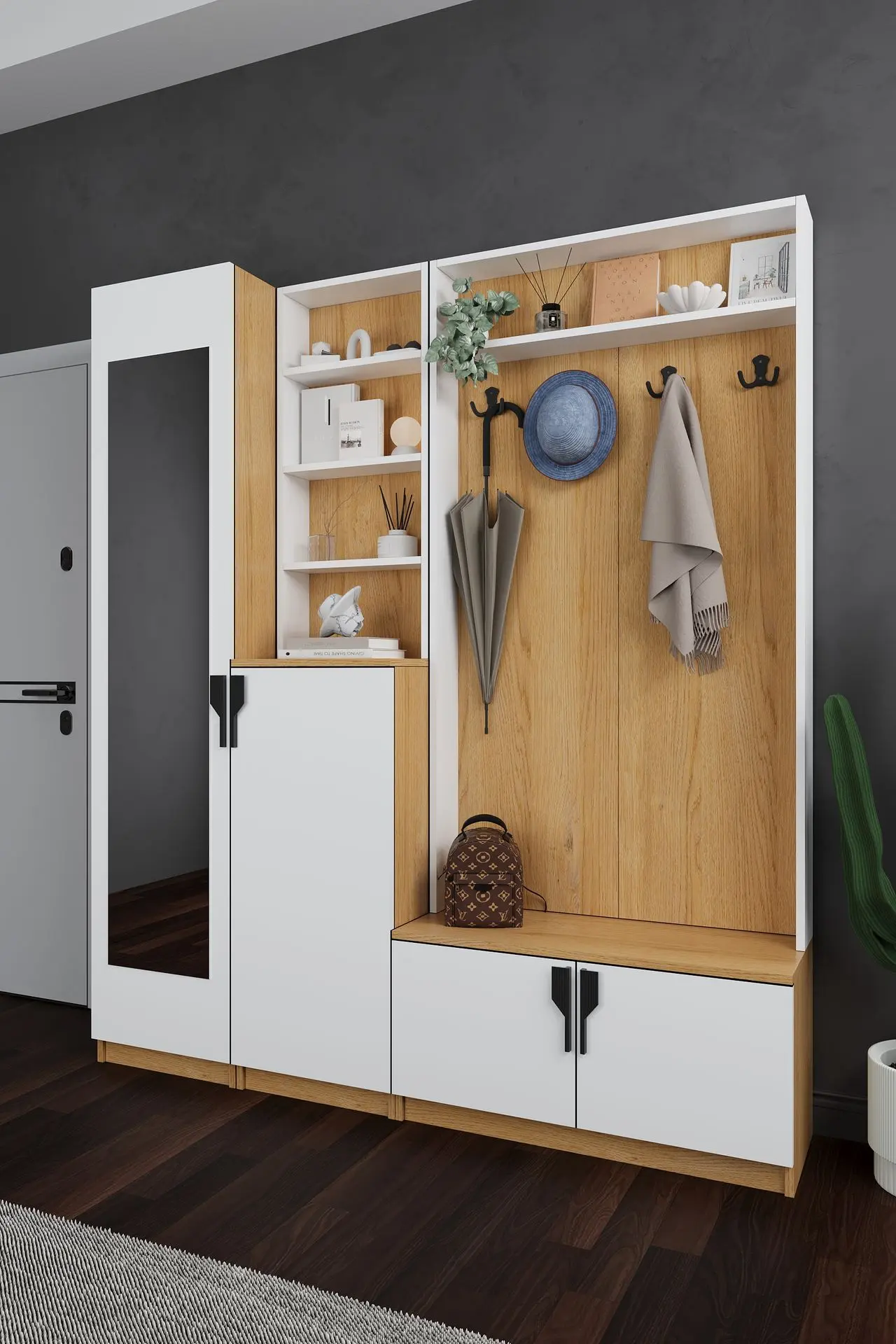 Aynalı Vestiyer ve Portmanto 180 cm Ayakkabılıklı Raflı V-03