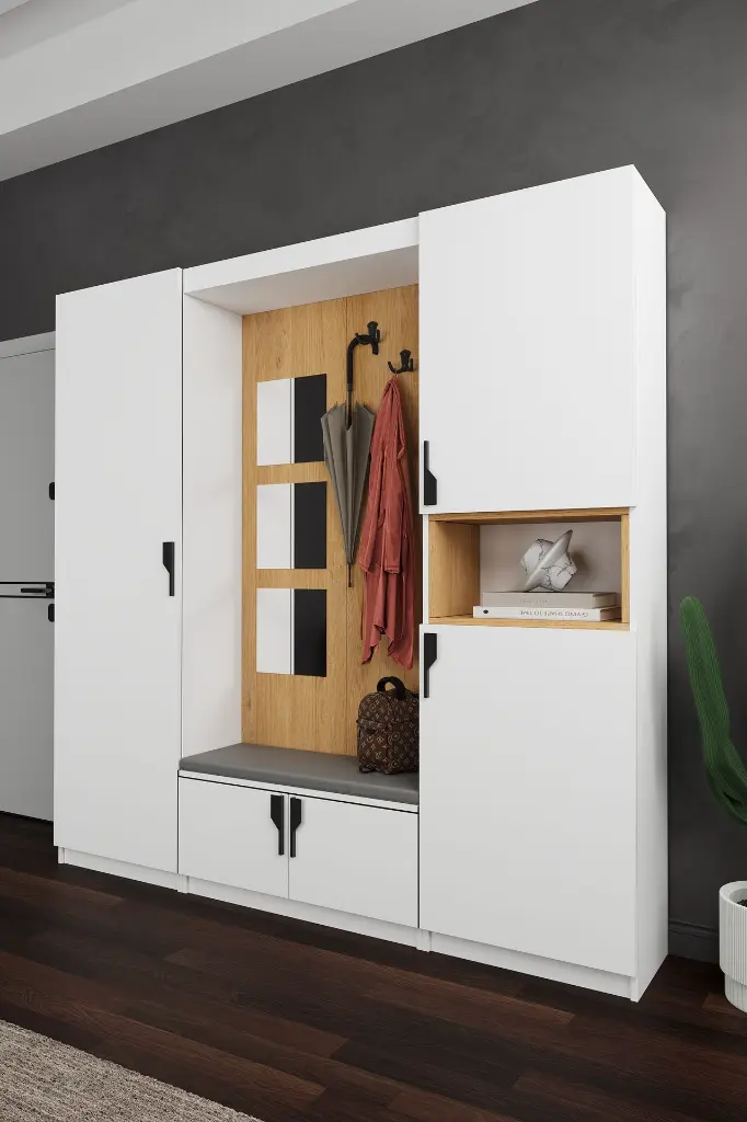 V-04 Modern Vestiyer ve Portmanto 210 cm Oturaklı Aynalı Ayakkabılıklı
